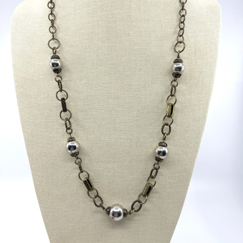 Boho Statement Mixed Metal Bead Link Necklace Gold & Silver Tone Accent Long